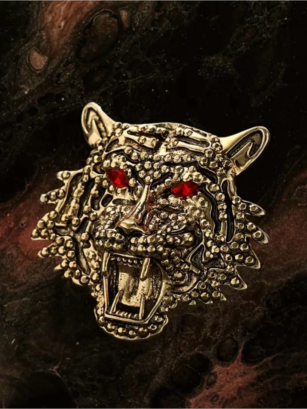 gold-tone metal roaring tiger head brooch red rhinestone eyes textured detail